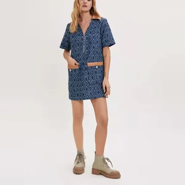 Женское джинсовое мини-платье IOO, свободное классическое платье с отложным воротником и молнией спереди, французская мода, 2023