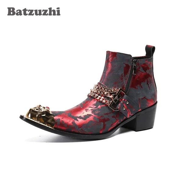 Ботильоны Batzuzhi мужские кожаные, официальная обувь в стиле панк, золотистые заостренные металлические, винно-красные мотоциклетные ботинки ...