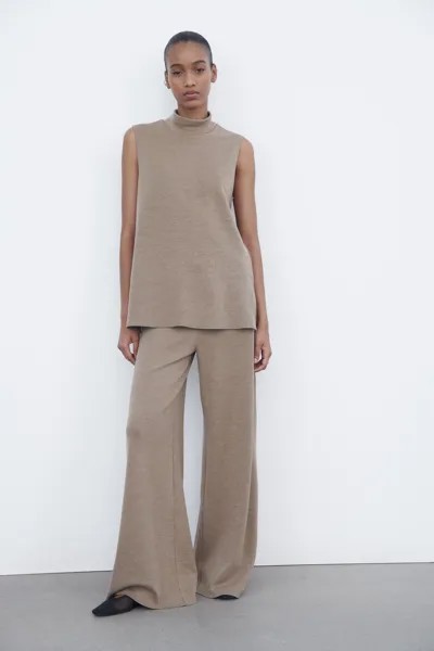 Широкие брюки из мягкого пике ZARA, коричневый мергель