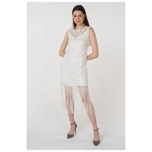 Оригинальное мини-платье с бахромой и кружевом АДЛ 12433854000 Белый 40