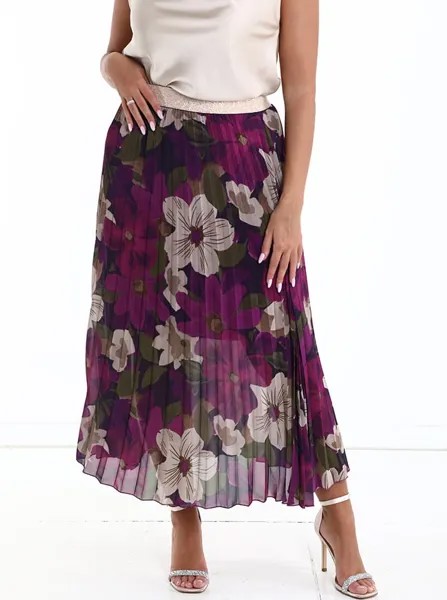 Длинная юбка со складками и цветочным принтом на резинке, сливовый