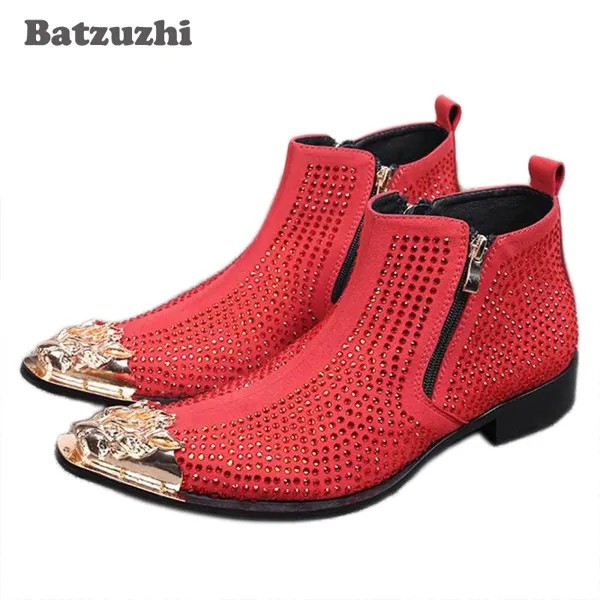 Batzuzhi дизайнерские Роскошные Мужские красные ботильоны модные стразы с металлическим острым носком высокие замшевые кожаные ботинки на мол...
