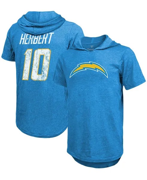 Мужская футболка с капюшоном justin herbert powder blue los angeles chargers с именем и номером tri-blend hoodie Majestic, синий