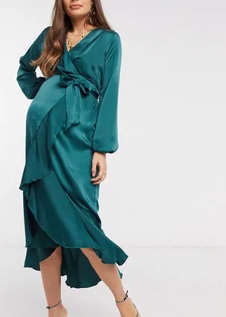 Изумрудно-зеленое платье мидакси с длинными рукавами, запахом и поясом Flounce London Maternity-Зеленый