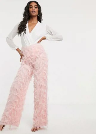 Розовые брюки с широкими штанинами и отделкой перьями Missguided-Розовый