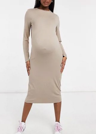 Серо-бежевое платье-футболка миди с длинными рукавами ASOS DESIGN Maternity-Нейтральный