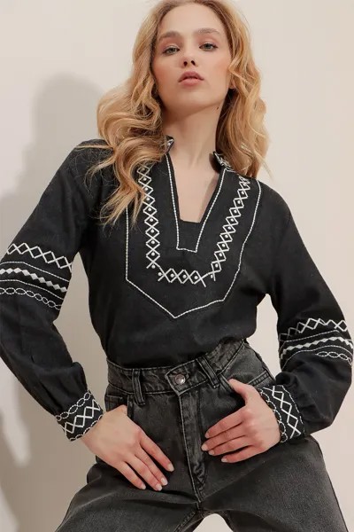 Женская антрацитовая блузка оверсайз с длинным воротником и вышивкой ALC-X9629 Trend Alaçatı Stili, серый