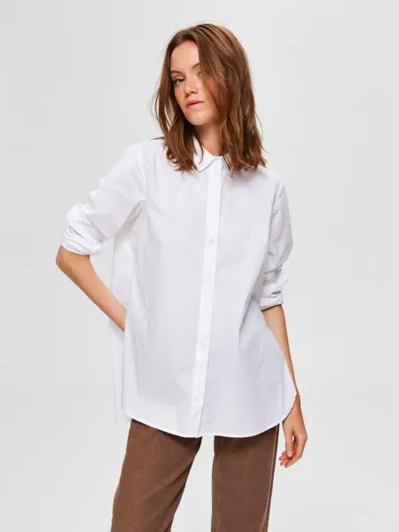 Блуза SELECTED FEMME Classic Hemd Lange Langarm Tunika SLFORI mit Reißverschluss, белый