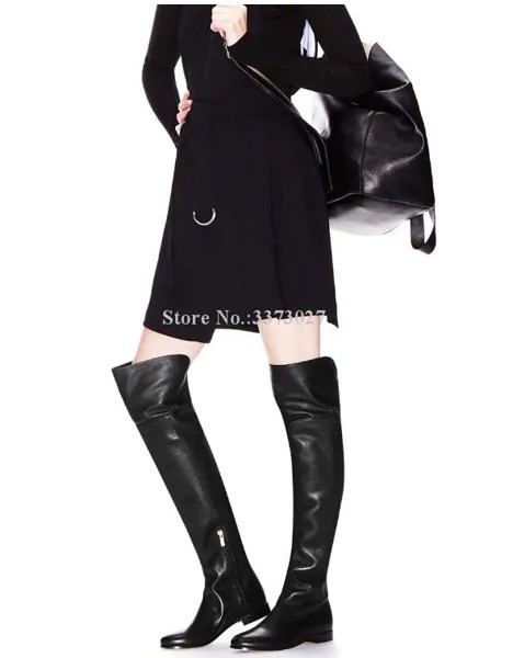 Черные кожаные женские высокие сапоги на плоской подошве; Модные ботфорты с круглым носком; Женские повседневные сапоги; Большие размеры