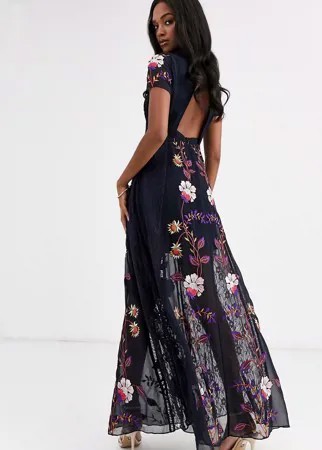 Декорированное платье макси с вырезом на спине и короткими рукавами Frock & Frill-Темно-синий