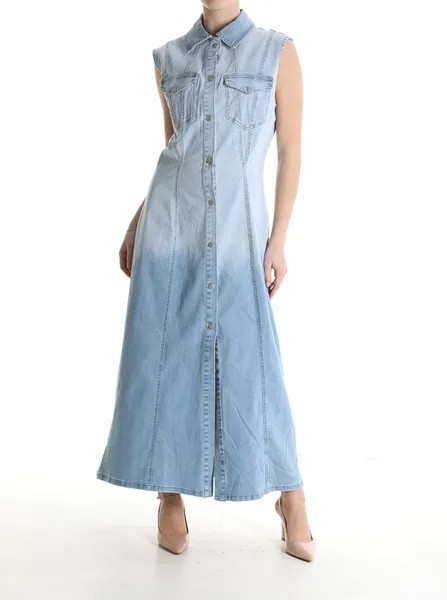 Длинное джинсовое платье-рубашка из хлопка с воротником без рукавов, светло-васильковый