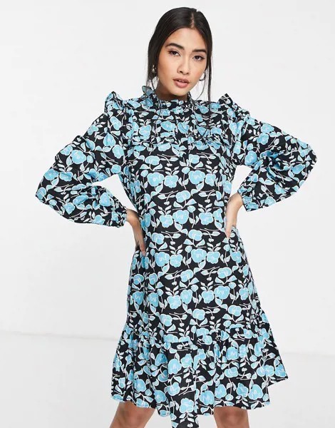 Свободное платье мини с оборками и синим цветочным принтом Vero Moda-Голубой