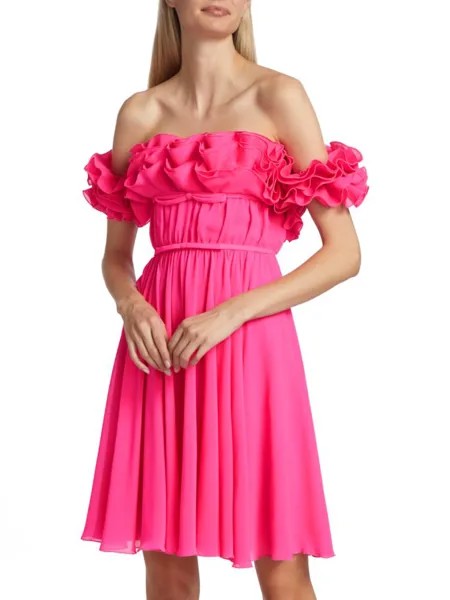 Шелковое платье с открытыми плечами и рюшами Giambattista Valli, розовый