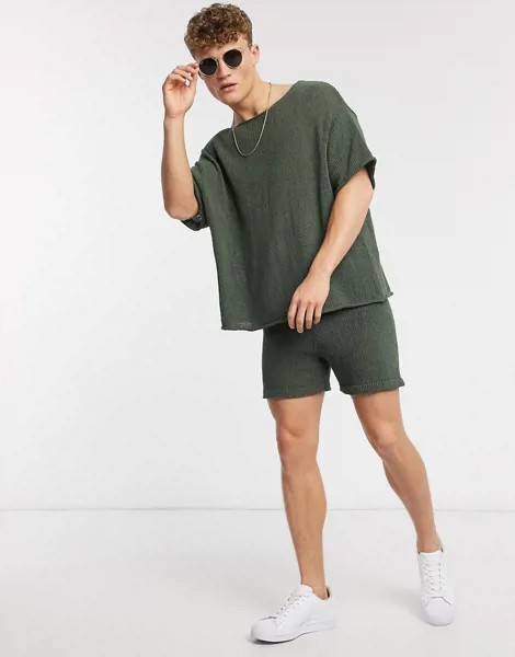 Трикотажные фактурные шорты цвета хаки ASOS DESIGN-Зеленый цвет