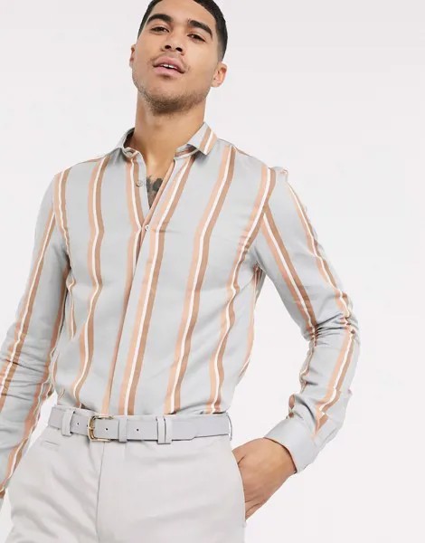 Серая рубашка в оранжевую полоску Viggo-Серый