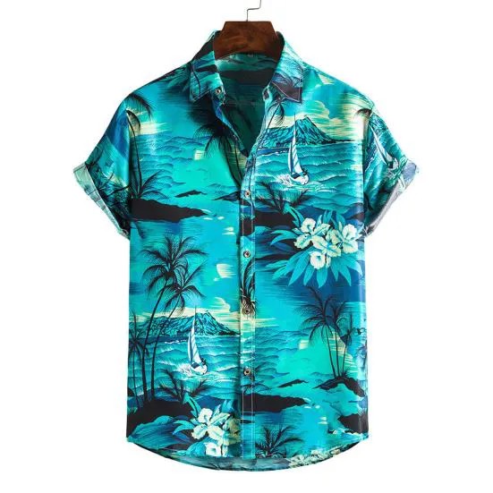 Мужская полосатая / дерево с коротким рукавом Лацкан Тонкая гавайская рубашка Travel Beachwear