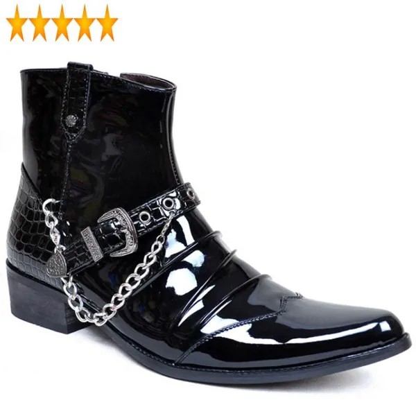 Ботинки мужские с острым носком, кожаные ковбойские ботинки в стиле Харадзюку, панк-стиле, с цепочкой, заклепками и пряжками, черные, весна-осень