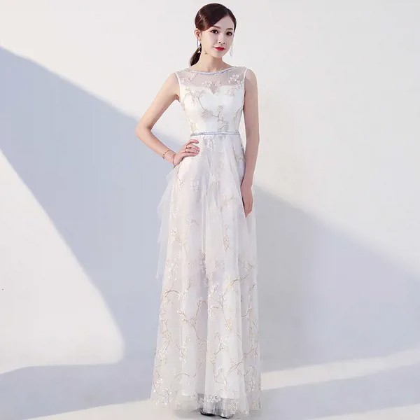 Новинка, белые вечерние платья-Ципао с вышивкой, современное прозрачное женское китайское платье Qi Pao, вечернее платье в восточном стиле