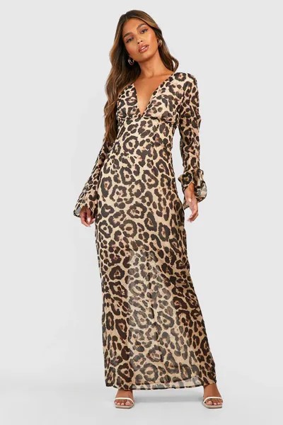 Платье макси из шифона с леопардовым принтом Boohoo, коричневый
