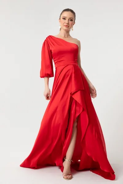 Женское красное атласное вечернее платье и выпускное платье с разрезом на одно плечо Lafaba, красный