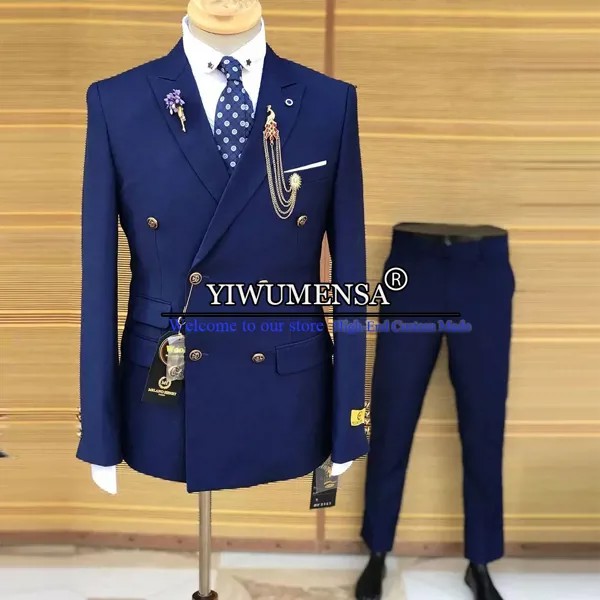 Костюм Homme De Luxe, мужские костюмы, облегающий темно-синий двубортный пиджак и брюки, дизайнерский деловой офисный пиджак, индивидуальный поши...