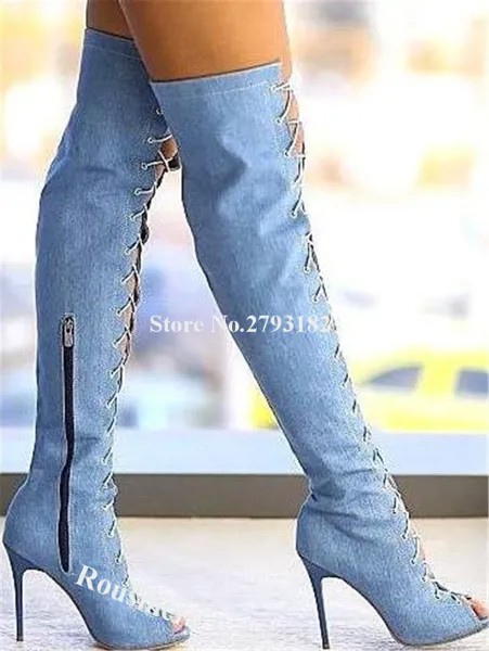 Женские джинсовые сапоги Westen, голубые ботфорты на шпильке, с открытым носком, на шнуровке, с вырезами, длинные, с высоким каблуком