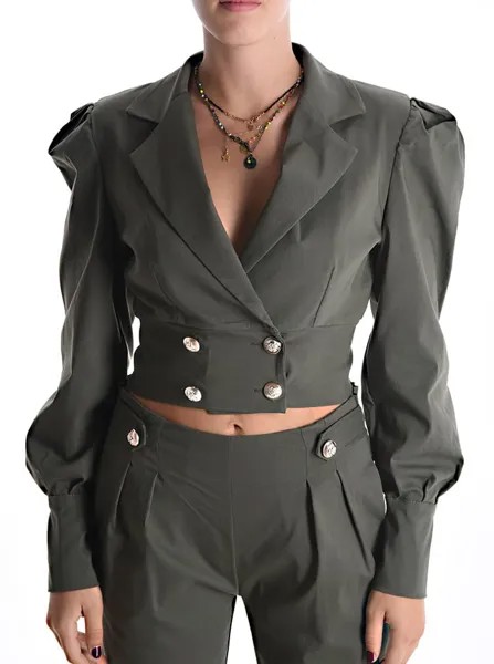 Мини-двубортный пиджак с пышными рукавами, темно-оливковый