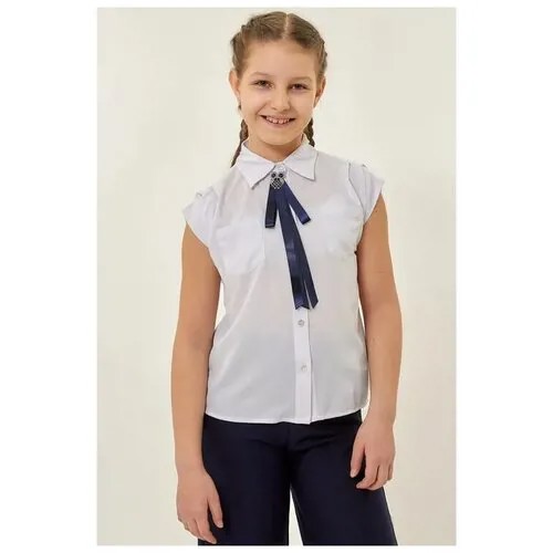 Школьная блуза Colabear, прямой силуэт, на пуговицах, короткий рукав, карманы, размер 130, белый