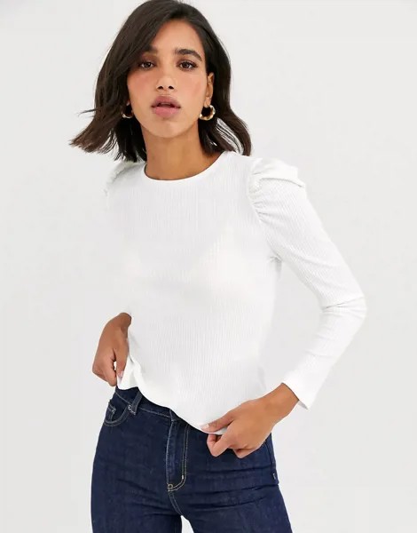 Трикотажный лонгслив в рубчик с пышными рукавами Vero Moda-Белый