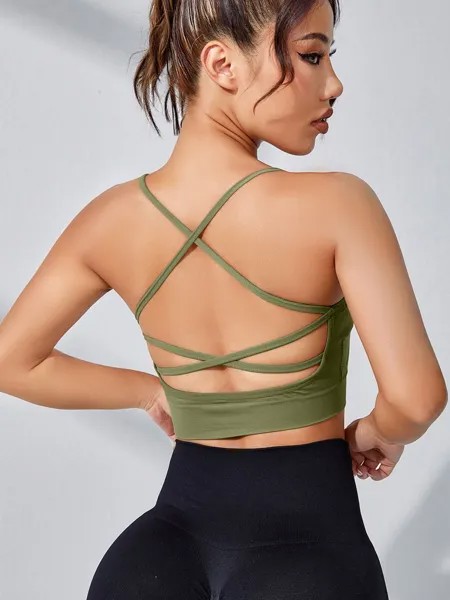 SHEIN Yoga Модный женский бесшовный спортивный бюстгальтер в контрастную полоску, оливково-зеленый