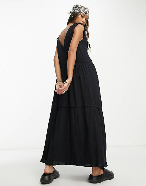Черный сарафан макси с жатой трапецией ASOS DESIGN