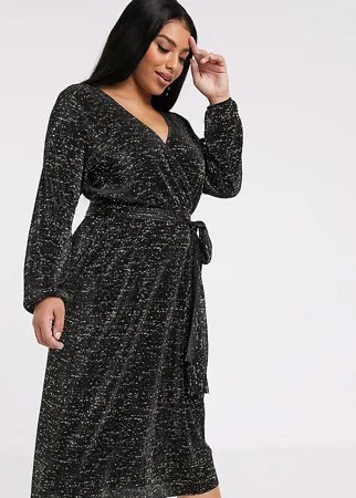 Плиссированное чайное платье миди с длинными рукавами ASOS DESIGN Curve-Черный цвет
