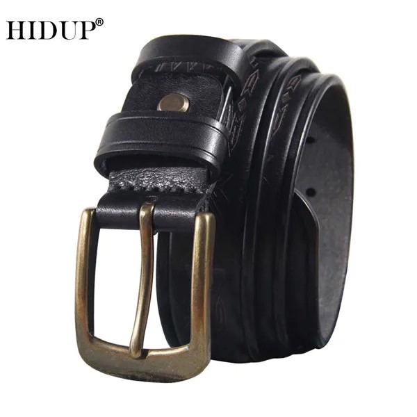 Ремень HIDUP NWJ1023 мужской из воловьей кожи, уникальный однотонный пояс с цветочным дизайном, с латунной пряжкой, аксессуар для джинсов в ретро стиле
