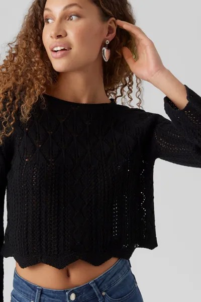 Легкий укороченный джемпер связанный крючком Vero Moda, черный