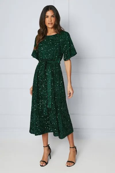 Платье миди с поясом и рукавами-фонариками и пайетками Wallis, зеленый