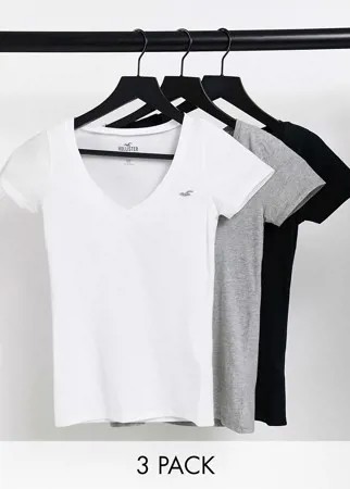 Набор из 3 разноцветных футболок с овальным вырезом и логотипом Hollister-Многоцветный