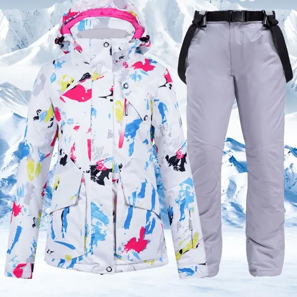 Лыжные костюмы, Женская куртка для сноуборда, ветрозащитная разноцветная лыжная куртка, брюки, комплект, зимняя уличная спортивная одежда д...
