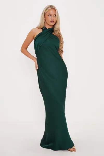 Миниатюрное атласное платье макси с закрученным вырезом и бретелькой на шее Oasis, зеленый