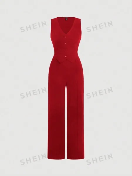 Жилет и брюки Shein Mod Date Night с пряжкой спереди, бургундия