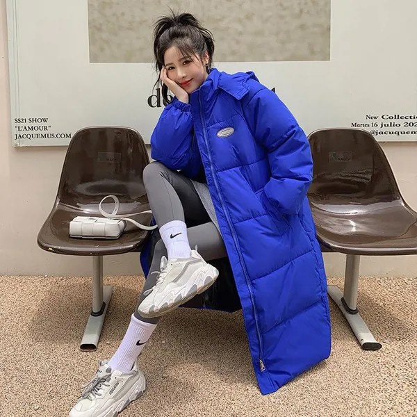 2022 Зима Новая корейская версия Свободная длинная толстовка с капюшоном Тонкие утолщенные перчатки Пальто Женщины