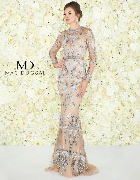 НОВОЕ MAC DUGGAL 79222D Прозрачное платье телесного цвета с цветочной вышивкой и длинными рукавами 6 США