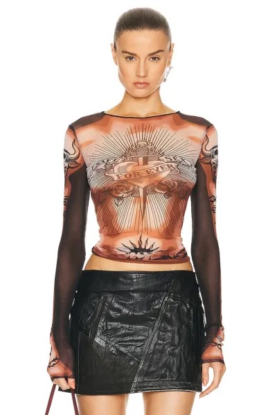 Топ Jean Paul Gaultier Printed Safe Sex Tattoo Long Sleeve Crew Neck, цвет Nude, Brown, & Black