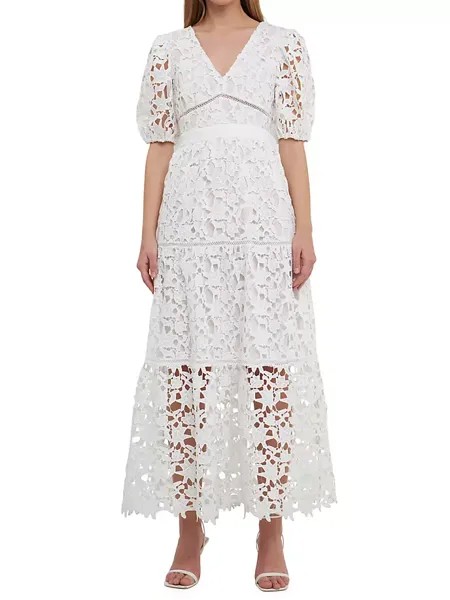 Многоярусное кружевное платье макси с пышными рукавами Endless Rose, белый