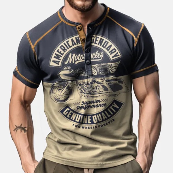 Мужская винтажная цветная панель мотоциклетная байкерская футболка с графическим принтом Henley Collar T-Shirt