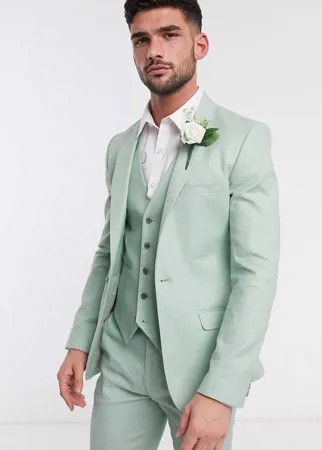 Супероблегающий пиджак мятно-зеленого цвета из хлопка и льна ASOS DESIGN wedding-Зеленый