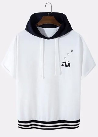 Дизайнерская мужская футболка с капюшоном с рисунком Panda в стиле пэчворк с короткими рукавами и ребристым краем