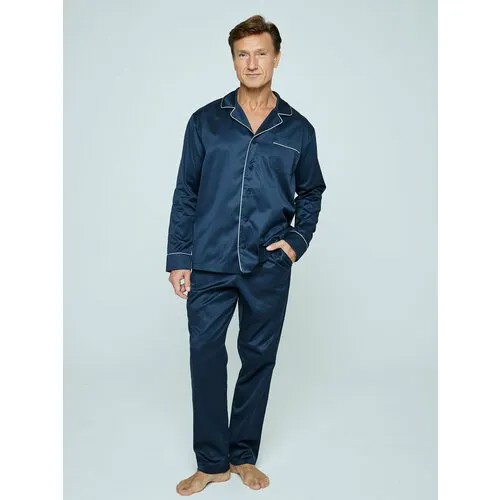 Пижама Малиновые сны, рубашка, брюки, карманы, размер 54, синий