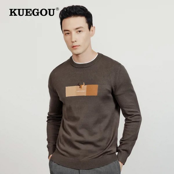 KUEGOU 2022 осенний Однотонный свитер кофейного цвета с надписью, Мужской пуловер с вышивкой, повседневный джемпер для мужчин, брендовая трикота...