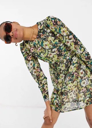 Зеленое платье мини с расклешенной юбкой и цветочным принтом Vero Moda-Многоцветный