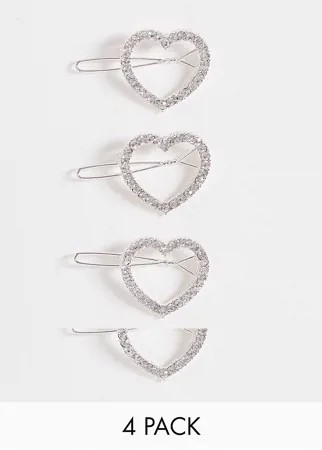 Эксклюзивный набор из 4 маленьких серебристых заколок для волос в виде сердечек со стразами True Decadence-Серебристый